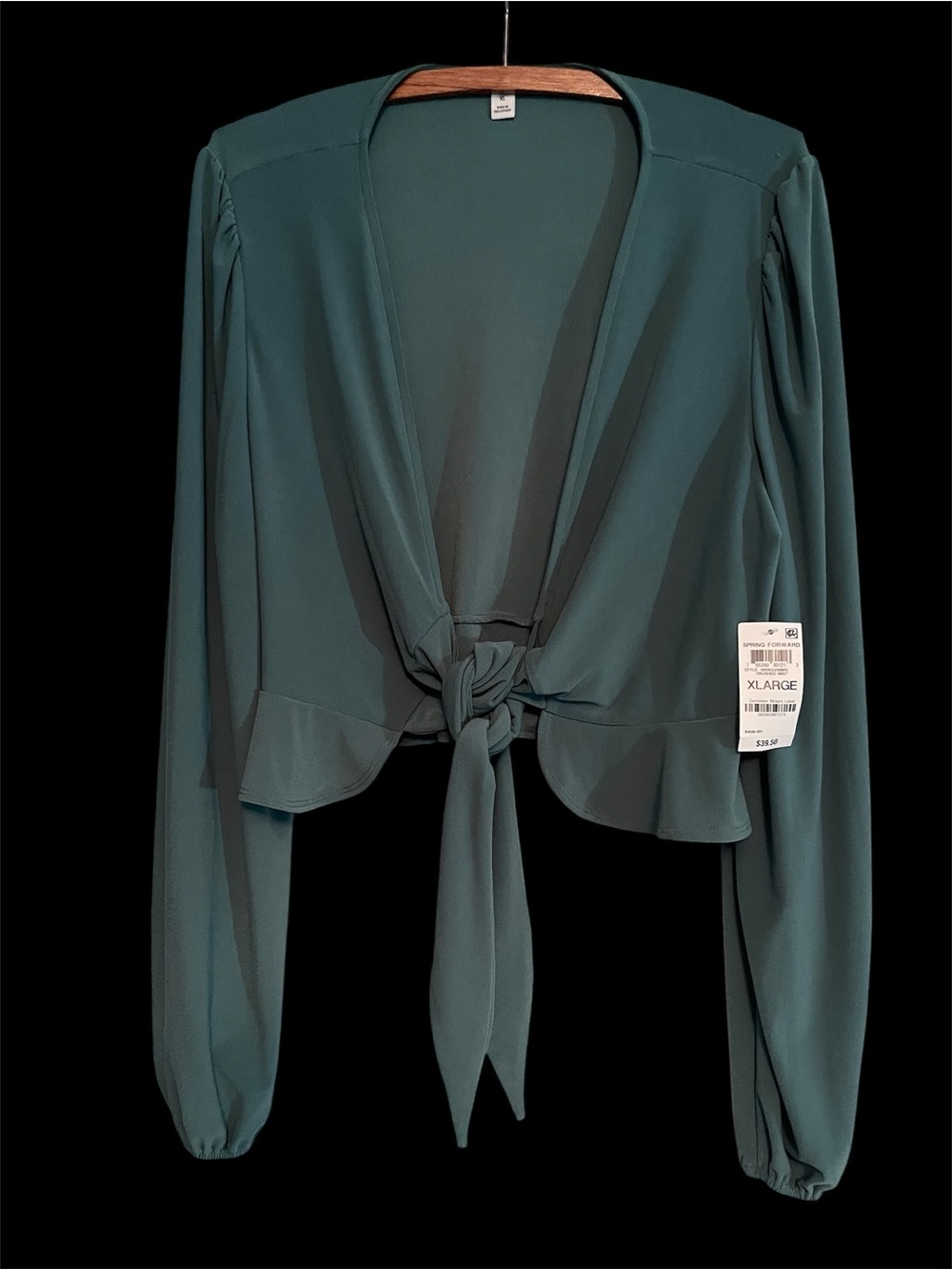 Tie-Front Long Sleeve Blouse in Teal - Brand Unspecified
